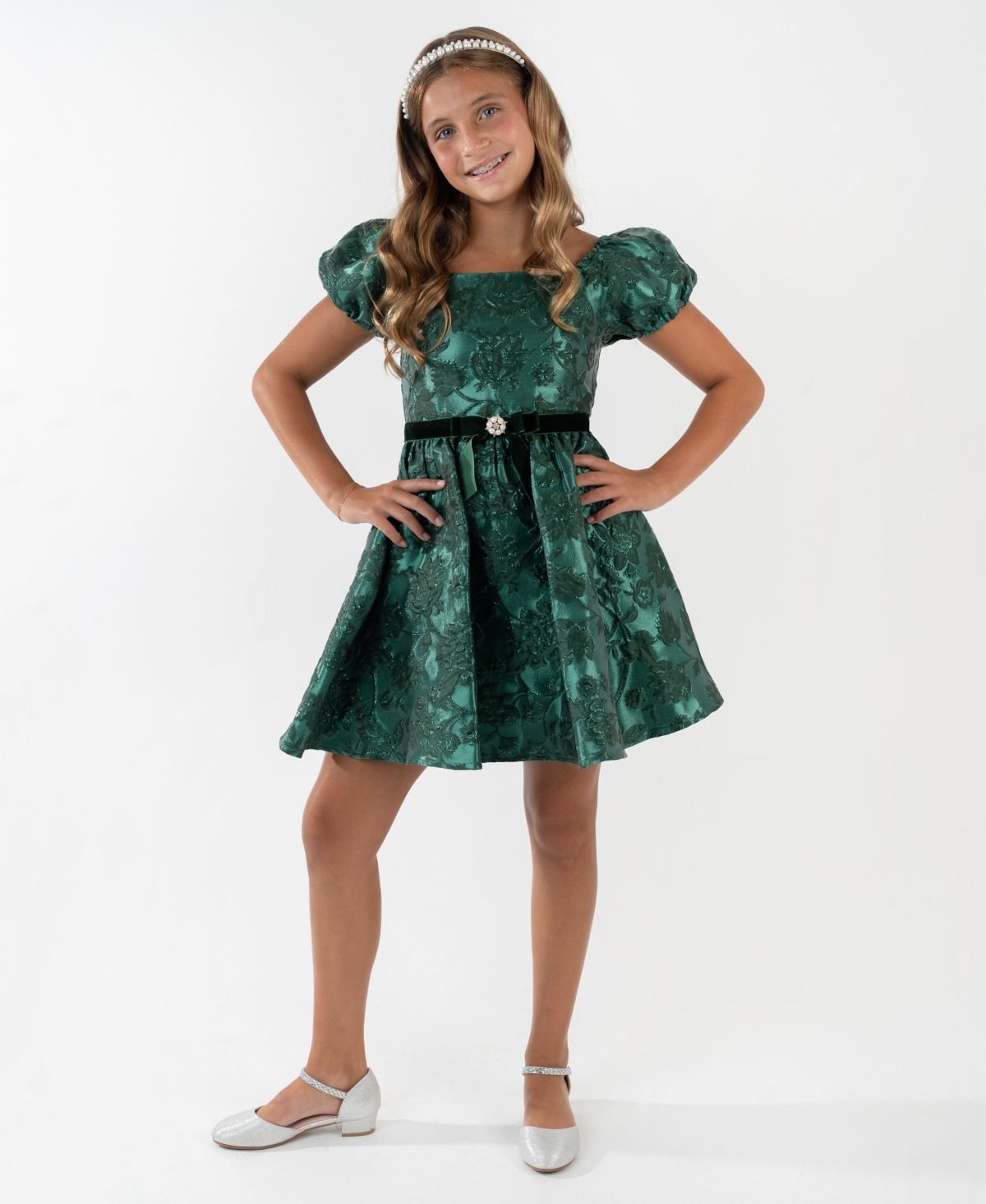 Rare Editions Girls 7-16 Brocade Puff Sleeve Hunter