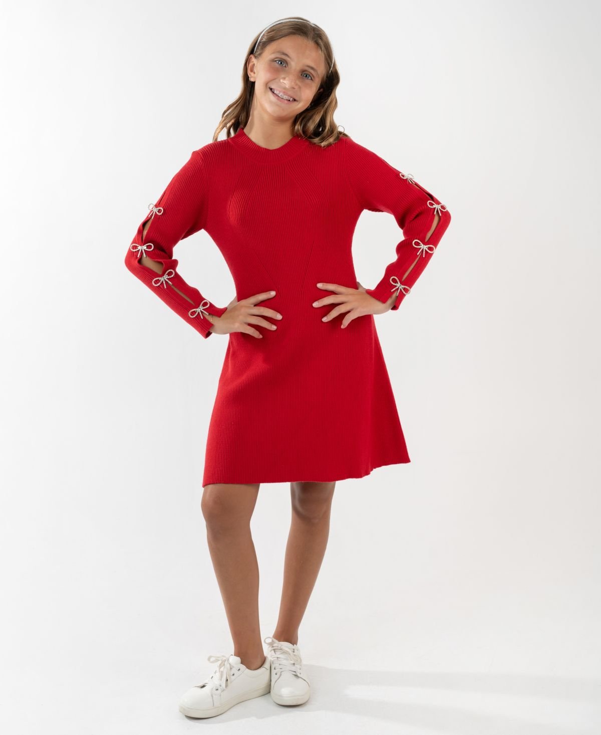 Rare Editions Girls 7-16 Bow Detail Long-Sle Red
