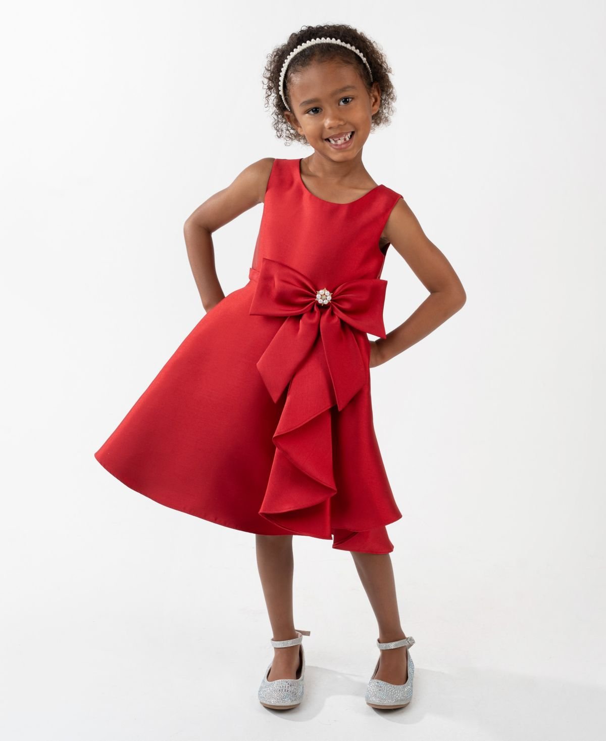 Rare Editions Girls 2T-6X Solid Mikado Sleev Red